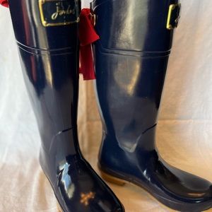 JOULES EVEDON Navy Blue Tall Rain Boots with Red Bows US Sz  9